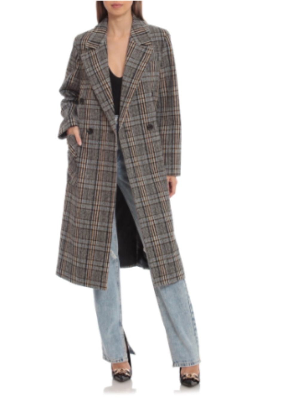 Avec Les Filles Double Breasted Plaid Overcoat